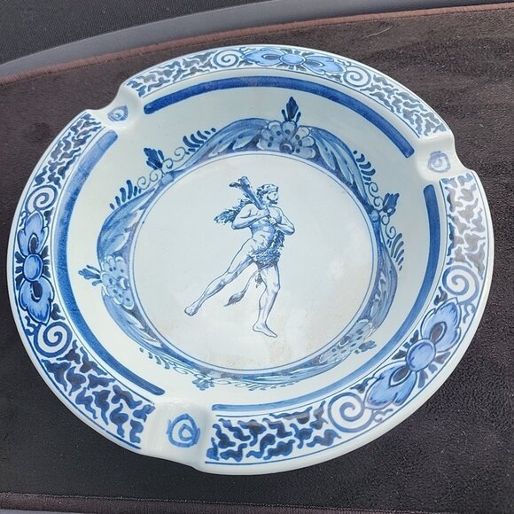 Vintage Delft Hand Painted Ceramic Ashtray, Large Delft Blue Holland Ashtray 7" - Picture 1 of 3
